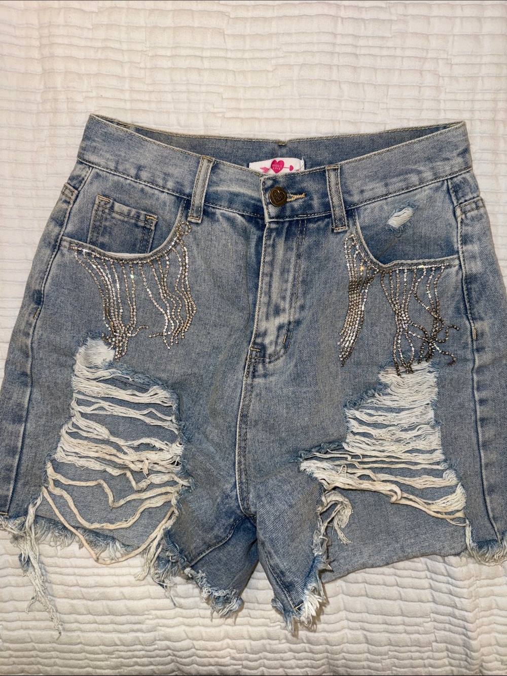 Buddy Love Light Blue Distressed Denim Shorts with Crystal Fringe